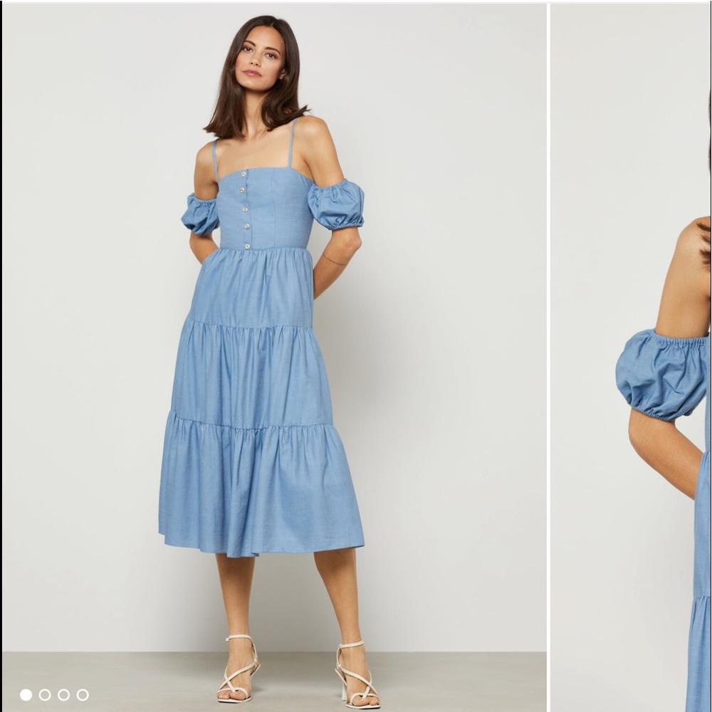 EUC BCBGMaxazria Size 4 Chambray Midi with Ruffle Sleeves